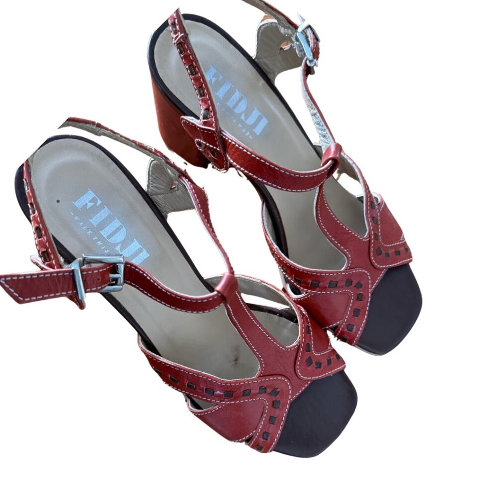 Fidji Orange Leather T-Strap Sandals Buckle Ankle Comfort Artisan Size 8.5 - Picture 4 of 8